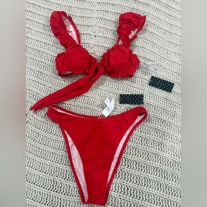 CUPSHE Red Ruffle Tie Bikini Top and High Cut Bottom
